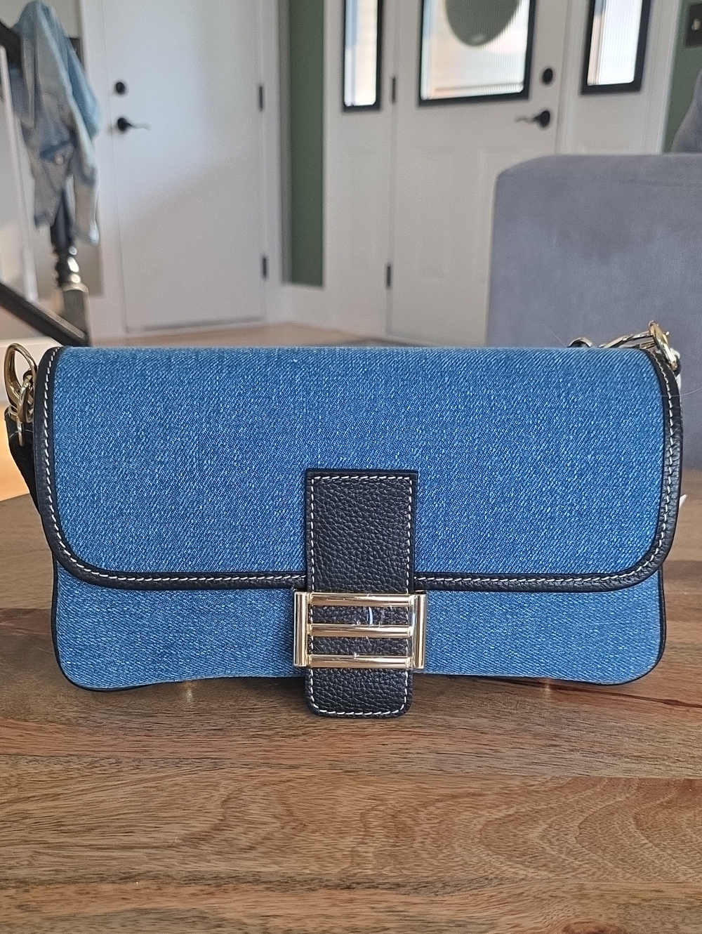 Denim Crossbody Bag with Black Trim and Gold Buckle